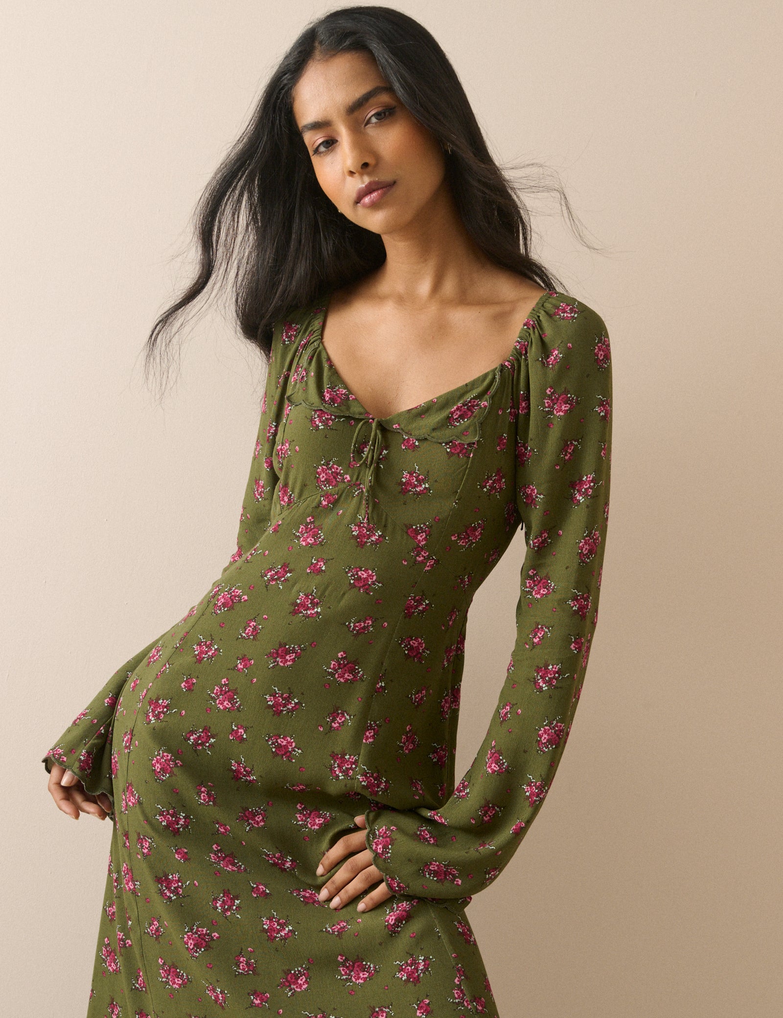 Lace Trim Long Sleeve V Neck Aida Midi Dress | Nobody's Child